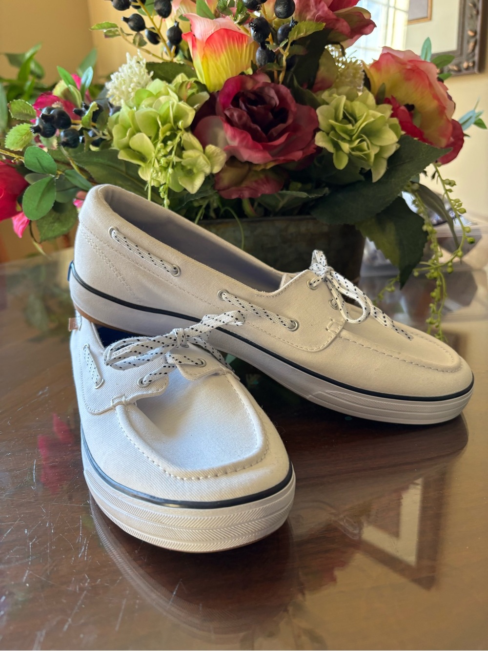 Keds Women's White Canvas Boat Shoes with Navy Trim